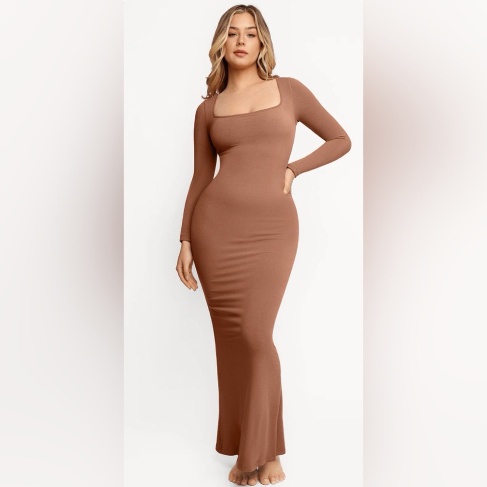 NEW! Popilush Size L Shapewear Square Neck Long Sleeve Slimming Modal Maxi Dress